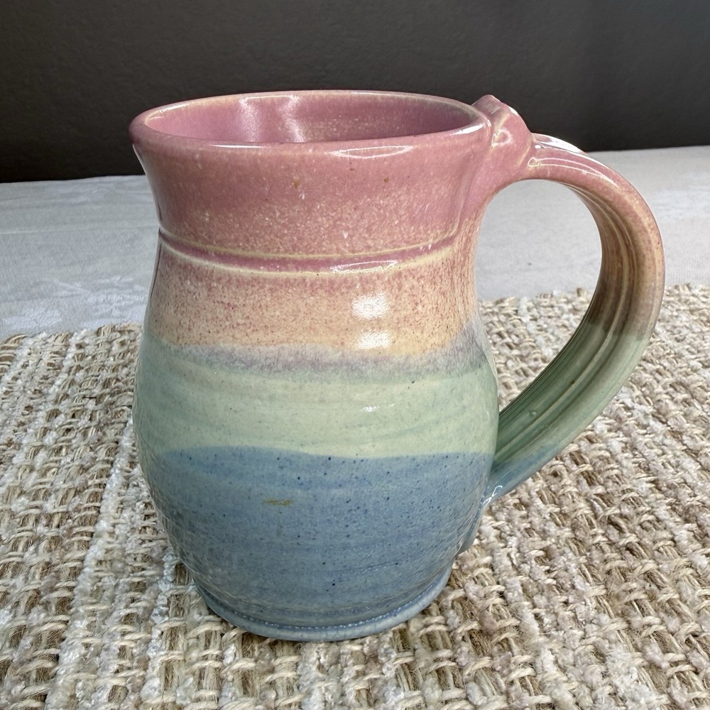 Small Stoneware Mug Matte Glaze Pink Blue Teal Pottery